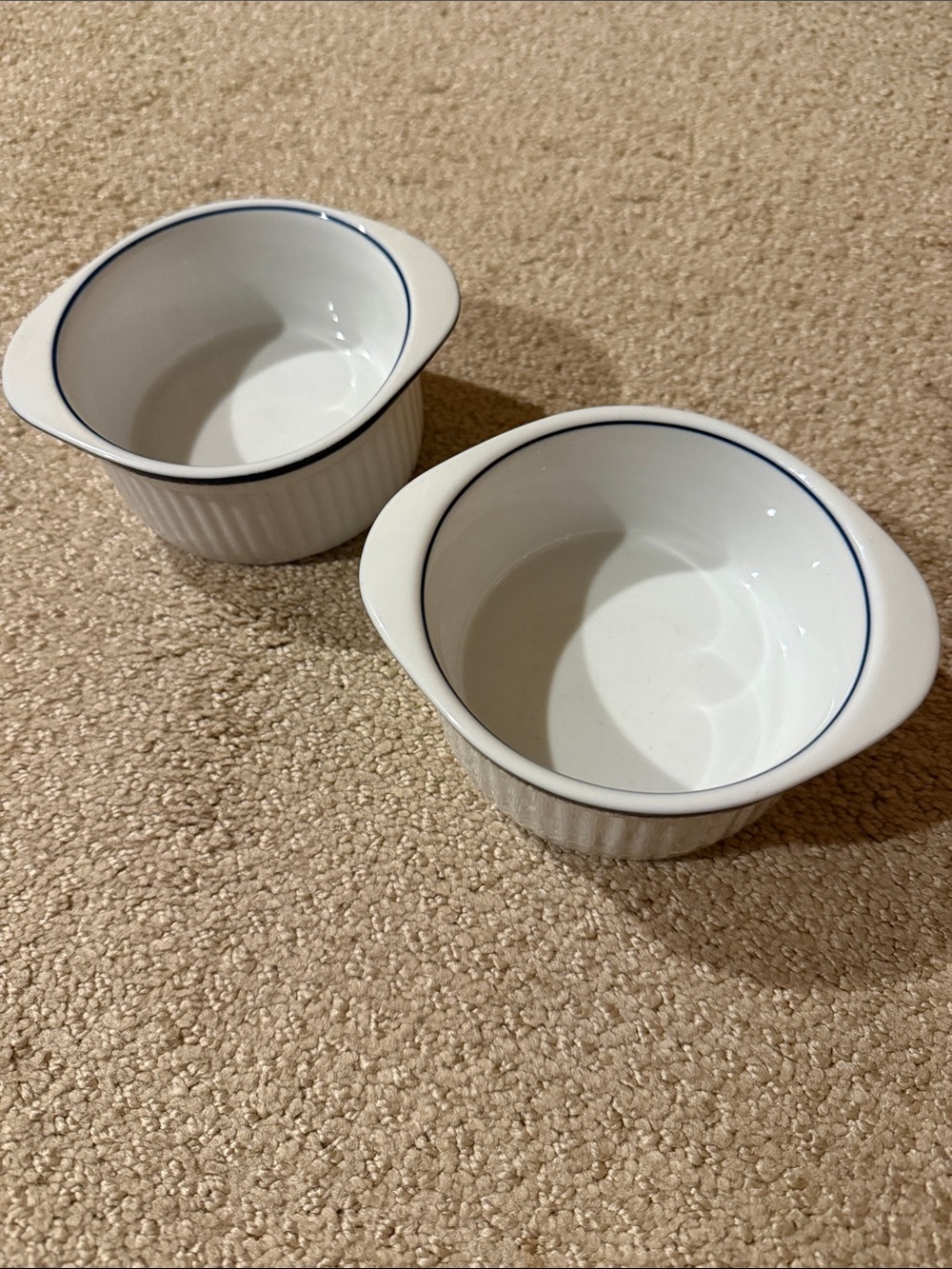 Set of Two White Ceramic Ramekins with Blue Trim